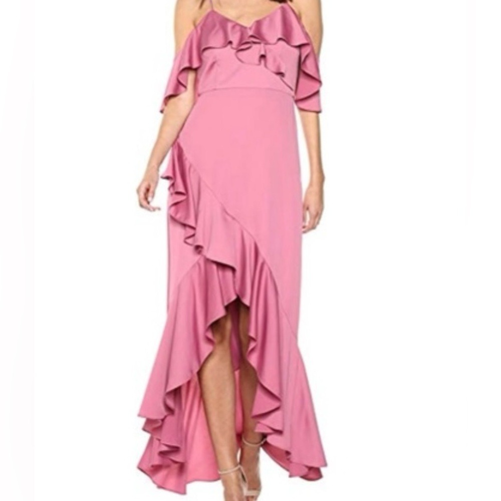 NICOLE MILLER. Pink Spaghetti‎ Strap Ruffle High/Low Gown. S-6. Built in cups.